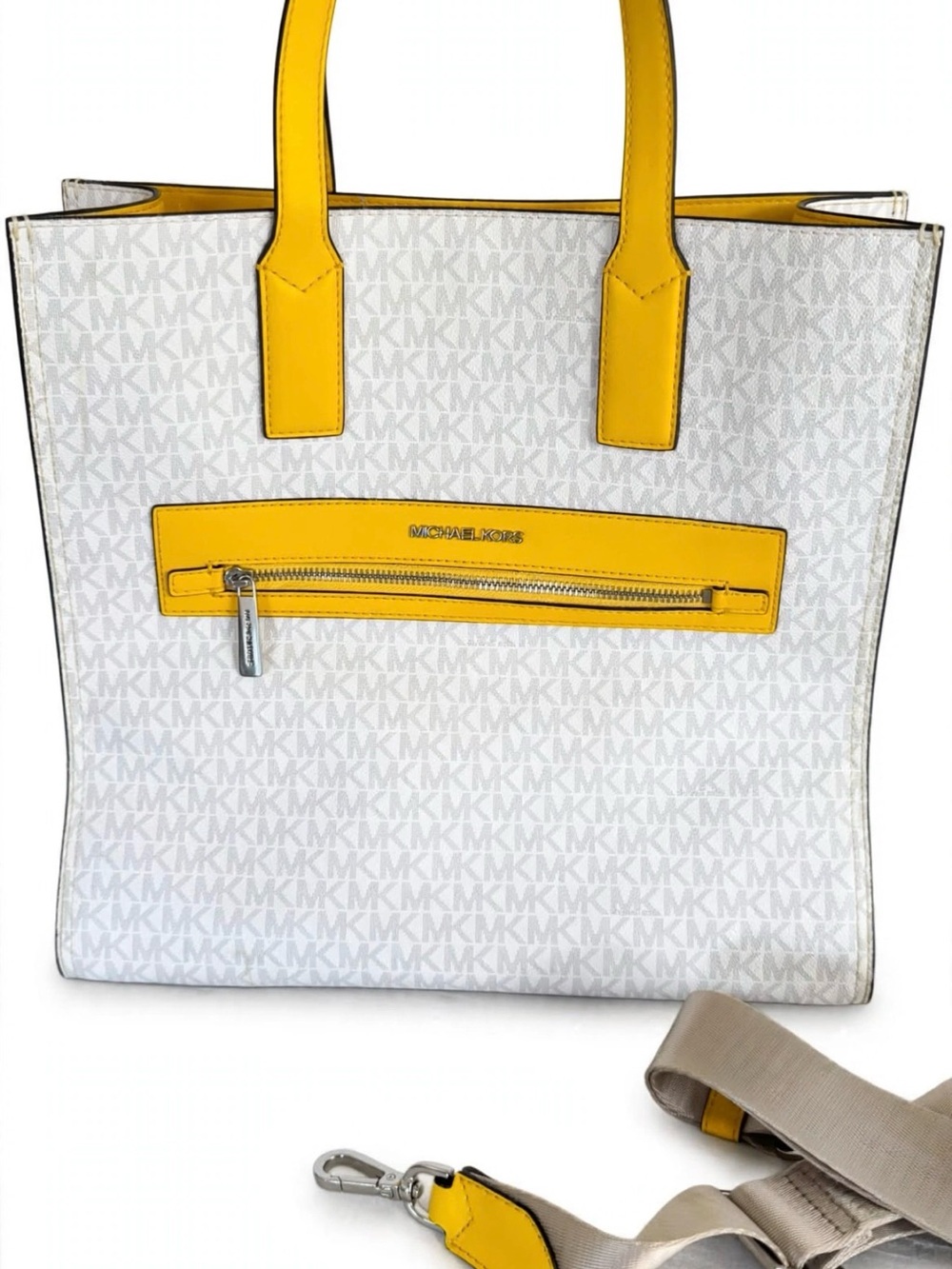 Michael Kors White MK Logo Tote with Yellow Trim
